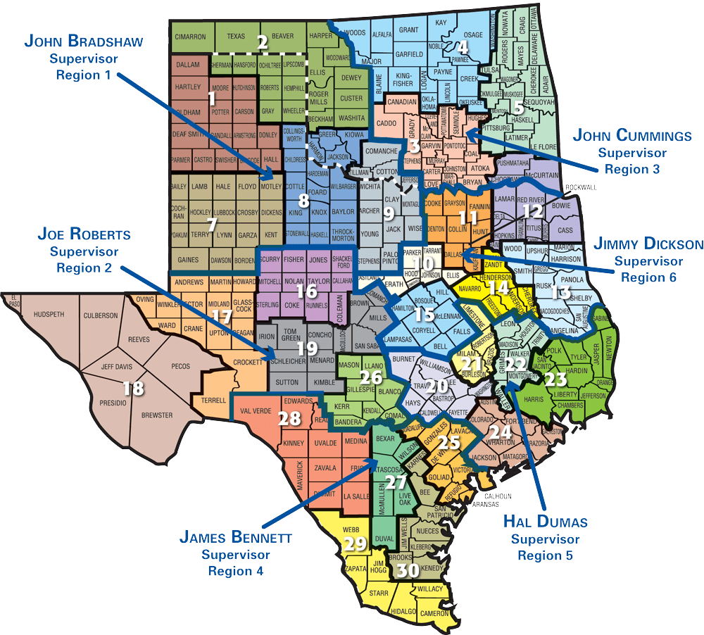 Map of Texas and Oklahoma with counties, districts, and regions designated
